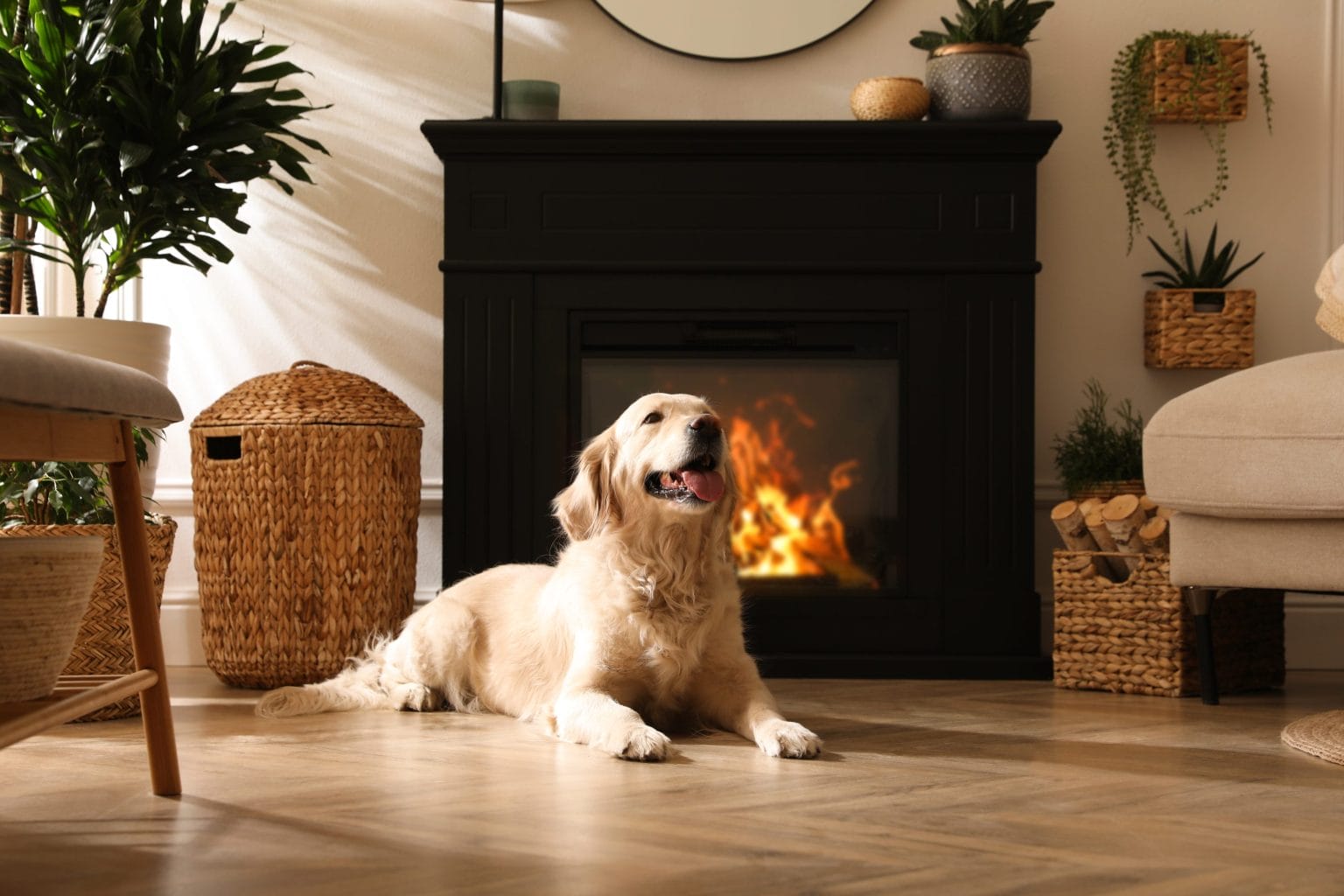 Adobe Stock image of a golden retriever laying in front of a fireplace.